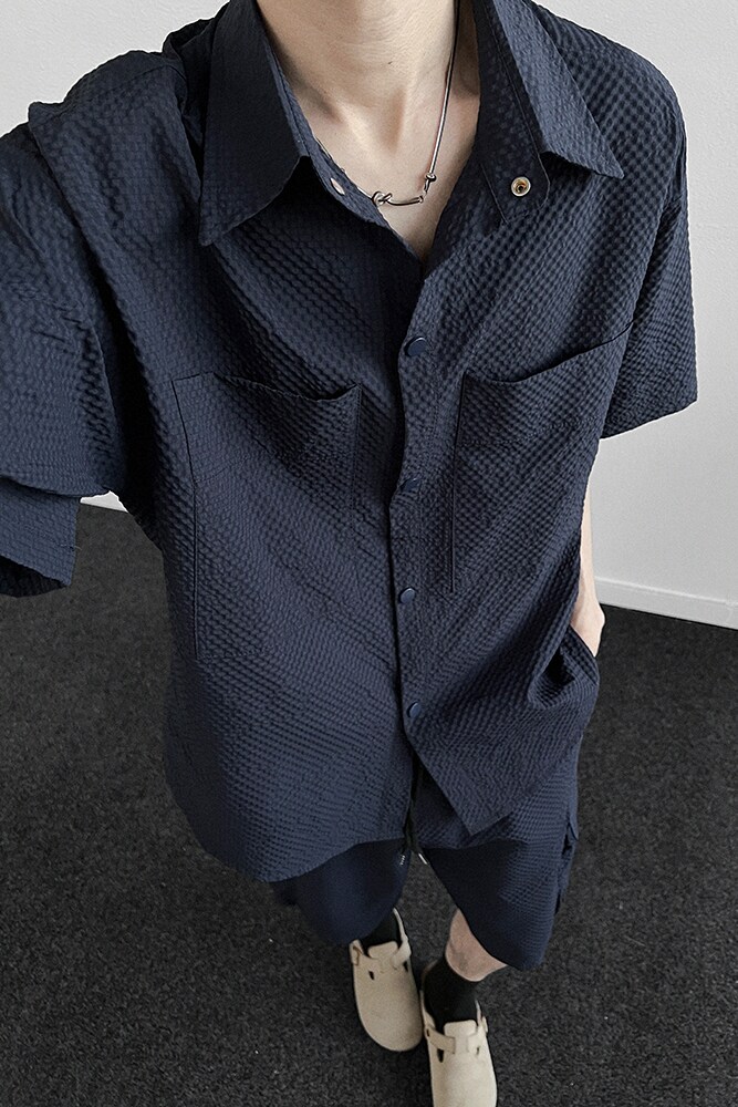 藏青色泡泡纱短袖短裤男套装夏季薄款冰丝防晒衣肌理感休闲一整套,男装衬衫,电商A456（原C415）
