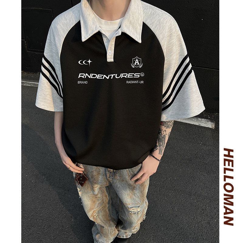 现货美式复古黑白拼接polo衫短袖男插肩袖t恤A456-T890-P40白,男装T恤,电商A456（原C415）