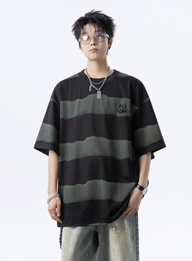 现货280克重 夏季T恤男宽松潮流条纹扎染短袖上衣A456-T885-P32绿