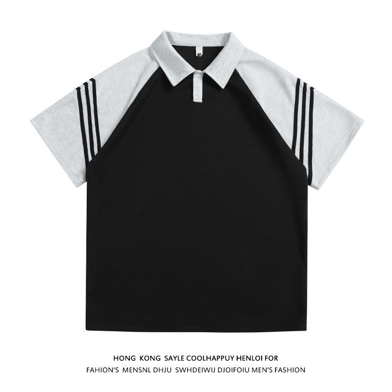 美式复古黑白拼接polo衫短袖男插肩袖t恤A456-T881-P35白,男装Polo衫,电商A456（原C415）