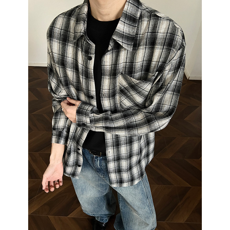 现货主推CY11-P33长袖格子衬衫男潮牌潮流宽松韩版衬衣外套b,男装衬衫,电商A456（原C415）