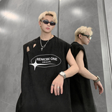现货破洞B20-特P30潮牌无袖大码背心男丝网印花夏季宽松坎肩黑色，男装背心/马甲，电商A456（原C415）