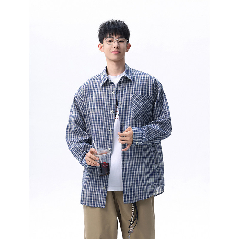 现货主推CY13-P30特长袖格子衬衫男潮牌潮流宽松韩版衬衣外套,男装衬衫,电商A456（原C415）
