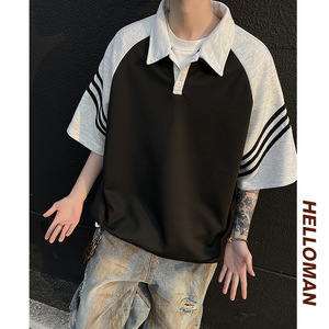 现货 美式复古黑白拼接polo衫短袖男插肩袖t恤A456-T881-P35白图片