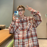 现货格子衬衫男学生大码宽松潮牌ins情侣衬衣外套CY01-P35红，男装衬衫，电商A456（原C415）