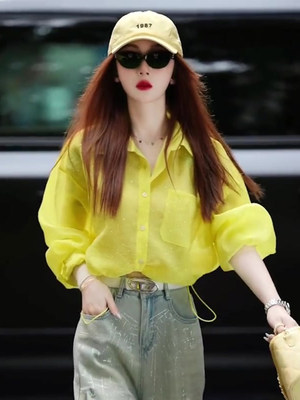 黄色防晒衣女款2024新款衬衫夏季轻薄透气高端女人味上衣网红