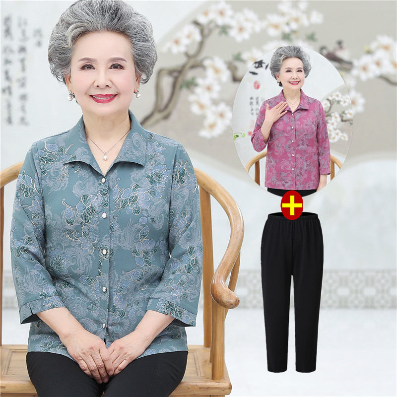 奶奶春装七分袖衬衫中老年人女妈妈春秋气质中袖衬衣宽松大妈服装