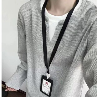 灰色假两件长袖t恤男秋季潮牌美式华夫格卫衣重磅硬挺内搭打底衫