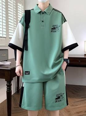 新款男孩夏季休闲套装学生青少年初中大童宽松短袖短裤一套帅气装
