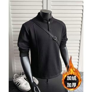 痞帅boxy长袖 美式 t恤解构拼接正肩上衣 亨利领套头卫衣男秋季 新款