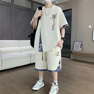 新中式国风短袖t恤男夏季七分袖休闲运动套装男生穿搭配短裤一套