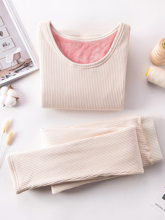 保暖内衣女加绒加厚螺纹内搭低领上衣一体绒秋衣秋裤女套装打底衫