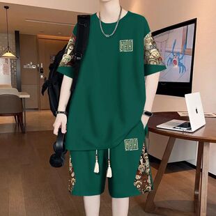 夏季特大码300男士中式套装运动宽松短袖短裤两件套中国学生休闲