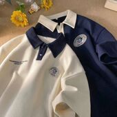 T恤男女夏休闲情侣宽松半袖 学生短袖 上衣潮 复古华夫格Polo衫 美式