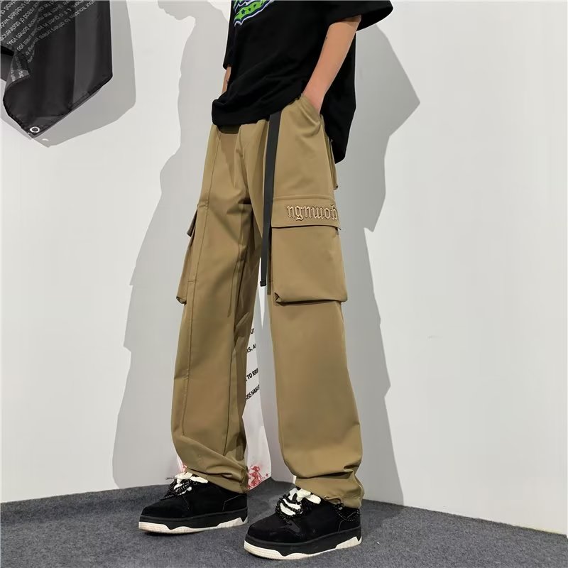 日系潮牌多口袋工装裤男宽松刺绣直筒休闲长裤抽绳腰带运动束脚裤
