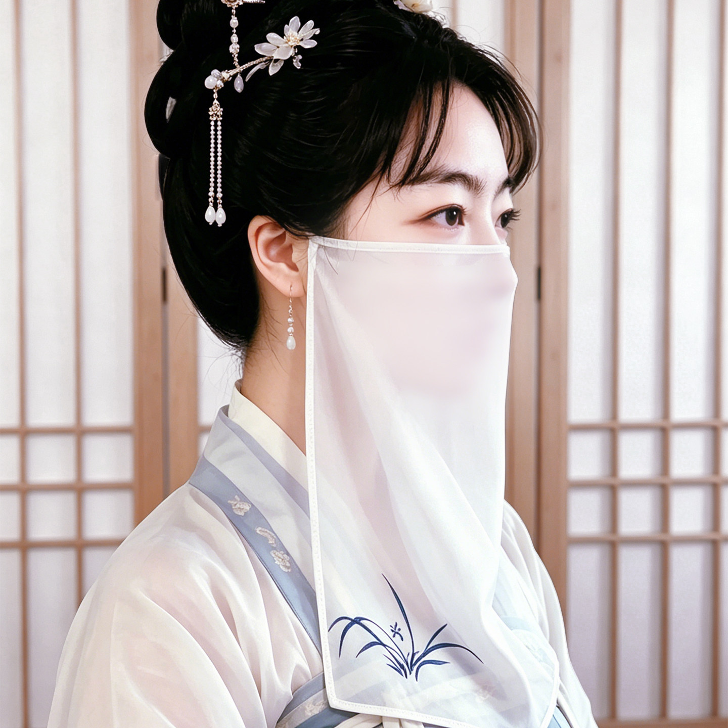 素帛无香桑蚕真丝古风手绘面纱半遮脸仙气可调节遮阳纱巾汉服配饰