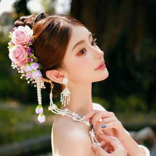 云南傣族头花泰国仿真花舞蹈表演发饰品新款 玫瑰花泼水节写真 女款