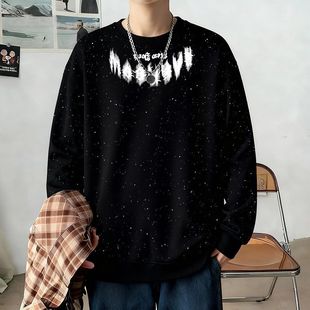中长款字母印花黑色圆领卫衣男宽松加绒满天星小众设计感百搭上衣