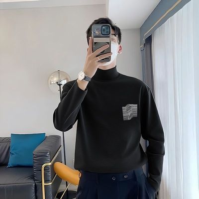 德绒休闲风中长款打底衫男款秋冬季半高领黑色气质印花长袖insT恤