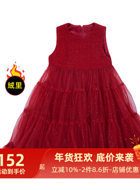 艾艾屋女童裙子冬季小童红色公主网纱背心裙年装花童连衣裙KNWS05