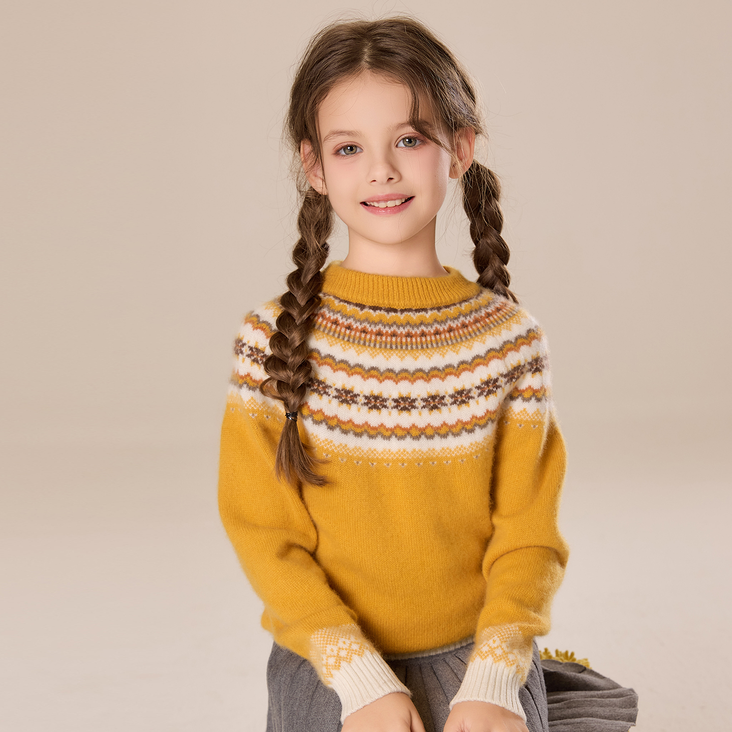 费尔岛图案儿童羊绒衫宽松加厚