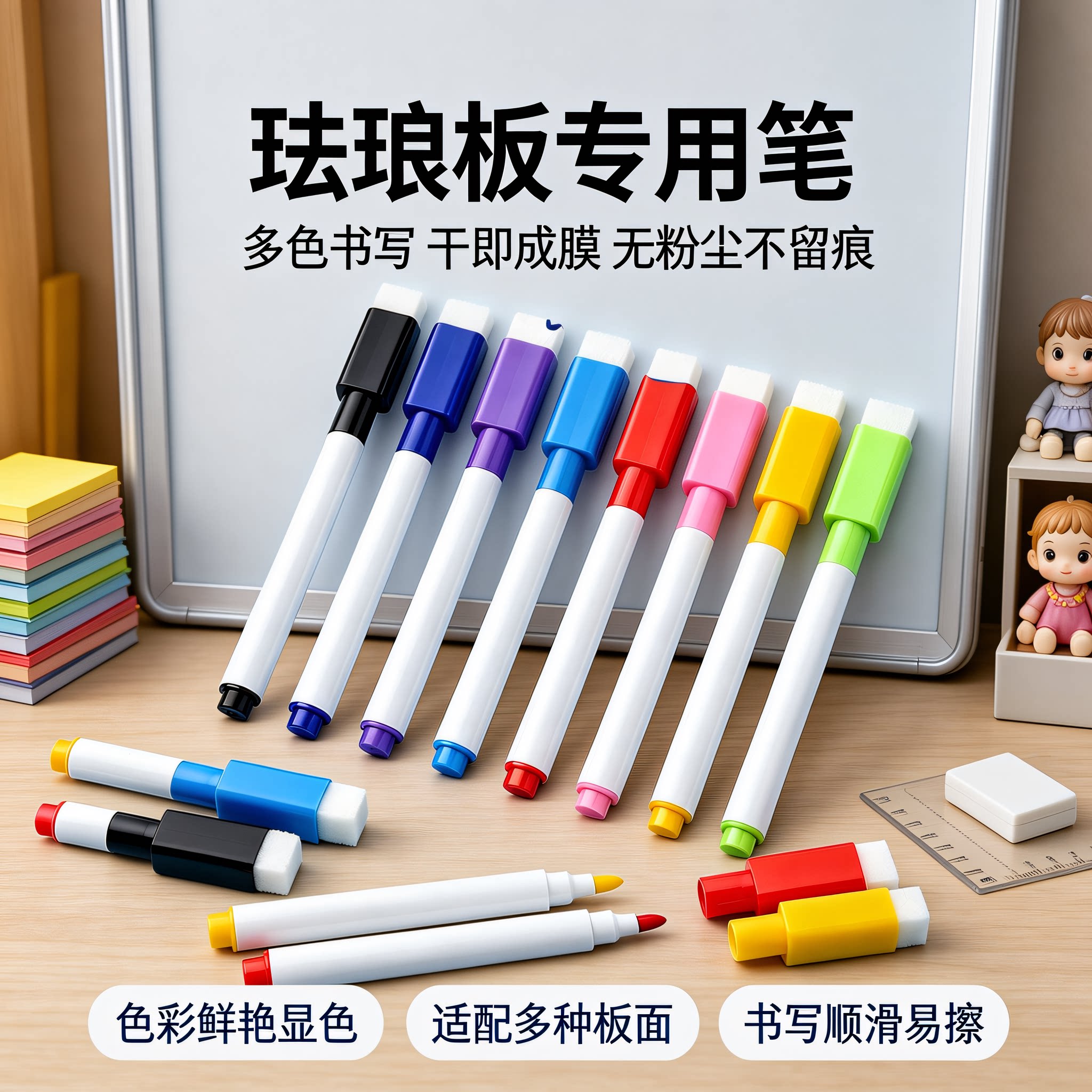 珐琅板专用笔彩色白板笔办公会议培训创意8色可擦学生磁性记号笔