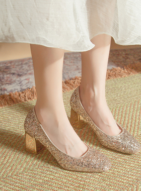 高跟鞋粗跟新娘鞋女2025新款伴娘禾秀主婚纱两穿浅口日常不累脚