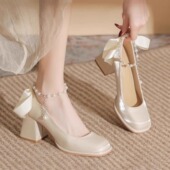 法式 婚纱不累脚 新娘旗袍高跟鞋 粗跟单鞋 女中跟伴娘杏色玛丽珍婚鞋