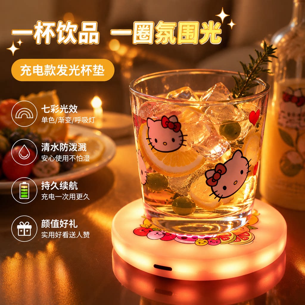 LED七彩变光充电圆杯垫图片
