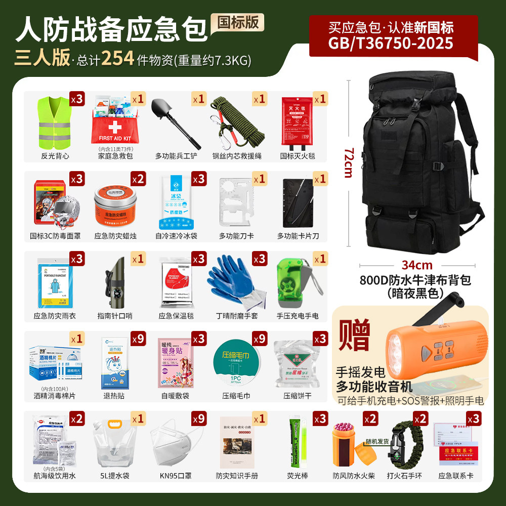 应急救援包家庭物资储备包全套人防战备家用地震逃生防灾生存背包