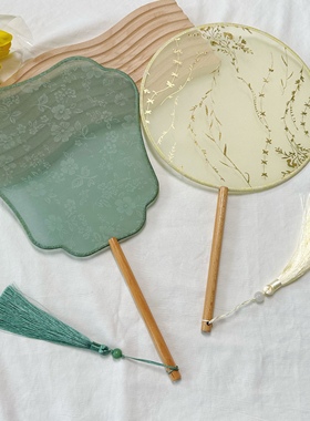 中国风团扇舞蹈扇透明烫金古典新娘长柄宫扇汉服红色古风清新扇子