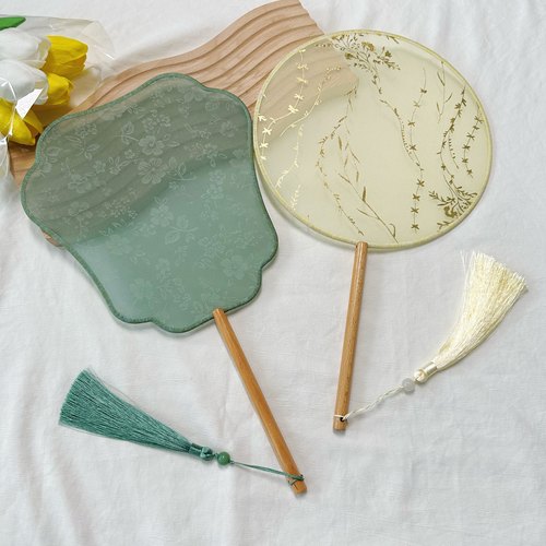 中国风团扇舞蹈扇透明烫金古典新娘长柄宫扇汉服红色古风清新扇子