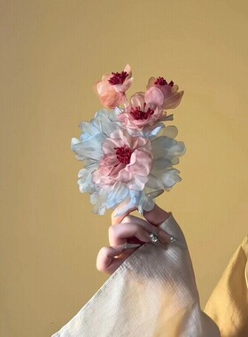 不要放过这个烫花发夹~粉蓝花朵发夹温柔风布艺发饰高级感盘发夹~