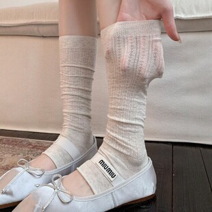 奶白色春夏季 踩脚堆堆袜套女纯色百搭镂空网眼半掌小腿袜腿套 薄款