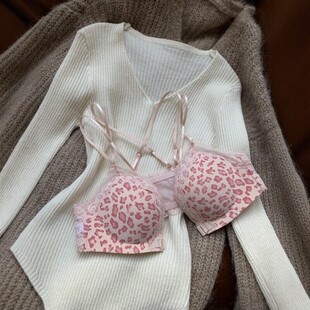 辣妹粉色豹纹文胸女无钢圈前扣 内衣 小胸好看又聚拢 开春王炸