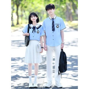 夏季班服定制初中生高中小学生表演校服毕业照学院风短袖衬衫套装