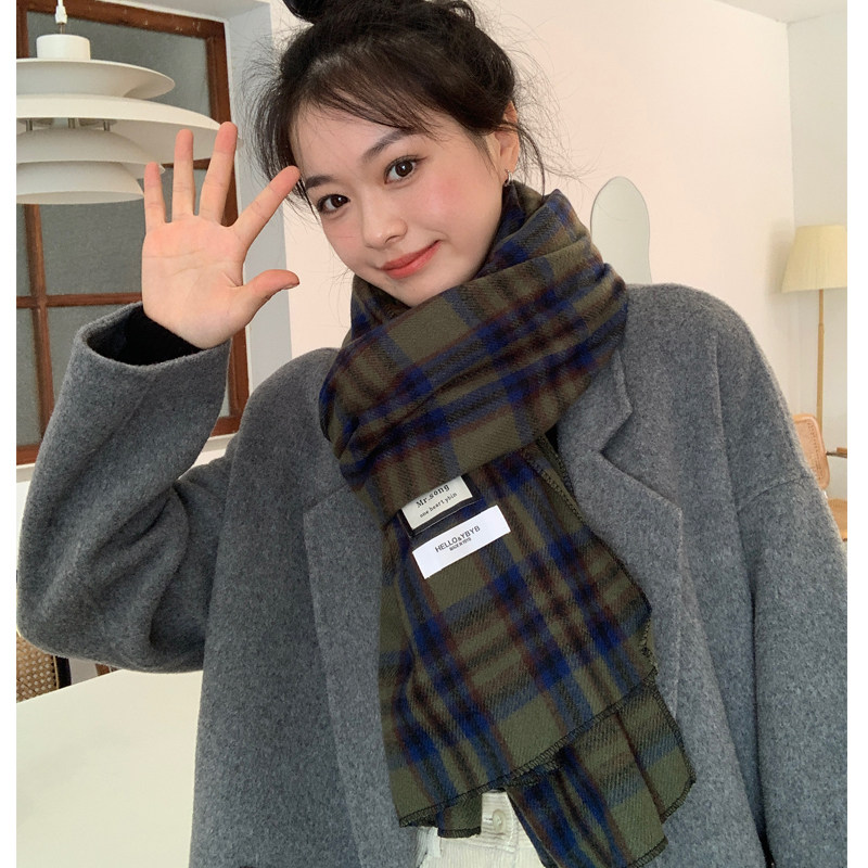 ju显白~韩版复古绿色格子围巾女秋冬季百搭加厚学生披肩保暖围脖