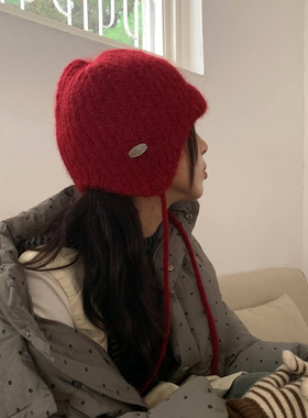 韩国订单~显白圣诞新年红色护耳帽子女秋冬针织飞行帽可爱雷锋帽