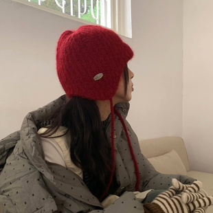 韩国订单~显白圣诞新年红色护耳帽子女秋冬针织飞行帽可爱雷锋帽