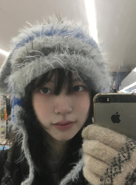 原创可爱毛绒兔耳朵针织包头帽