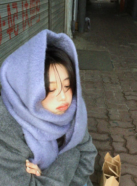 韩女氛围感~柔软紫色马海毛围巾2026冬韩版百搭加厚保暖披肩围脖