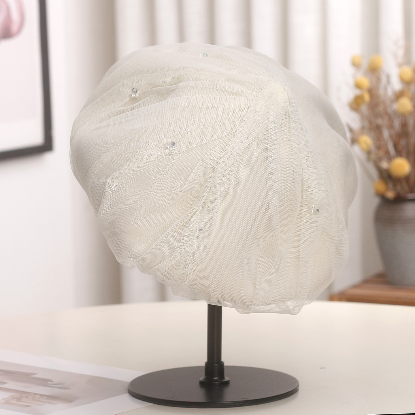 韩国设计师款气质网纱钉珠贝雷帽女秋冬100%羊毛保暖画家帽显脸小