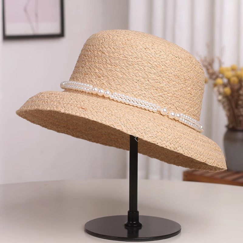 法式优雅珍珠装饰拉菲草灯罩盆帽子女夏季出游遮阳帽防晒沙滩草帽