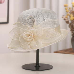 法式优雅花朵卷边麻纱礼帽女士春夏高端名媛宴会时装帽亚麻遮阳帽