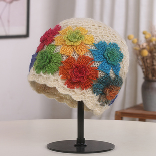 日系新款彩色手钩花朵包头帽女秋冬甜美时尚套头帽加厚保暖毛线帽