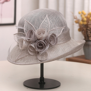 优雅麻纱帽子女春夏高档复古亚麻花朵装饰宴会礼帽卷边防晒遮阳帽
