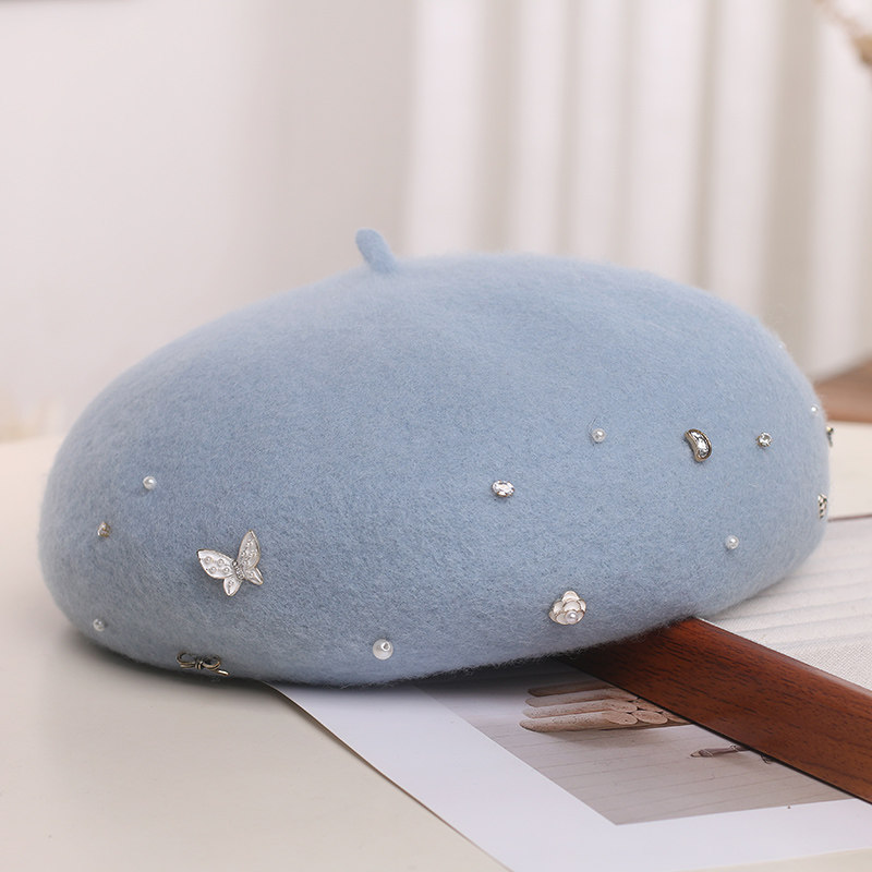 韩国新款手工水钻蝴蝶纯羊毛贝雷帽子女秋冬时尚保暖洋气画家帽潮,服饰配件/皮带/帽子/围巾,帽子,淘宝优惠券,粉丝福利购,淘宝优惠卷