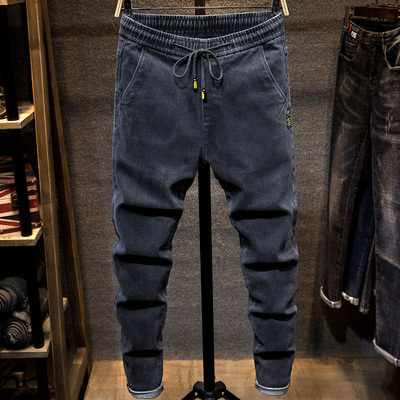 黑色牛仔裤男加绒加厚松紧腰