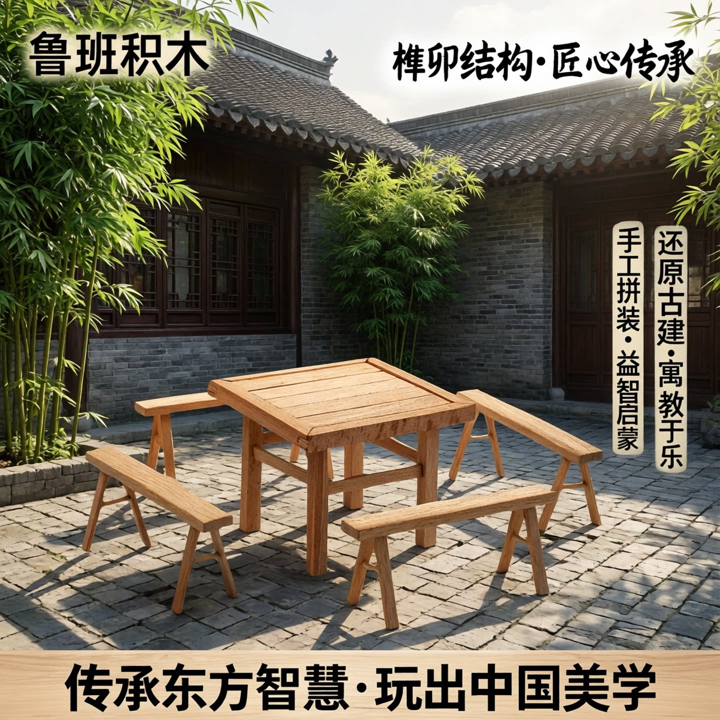 榫卯积木小桌椅手工拼装材料图片