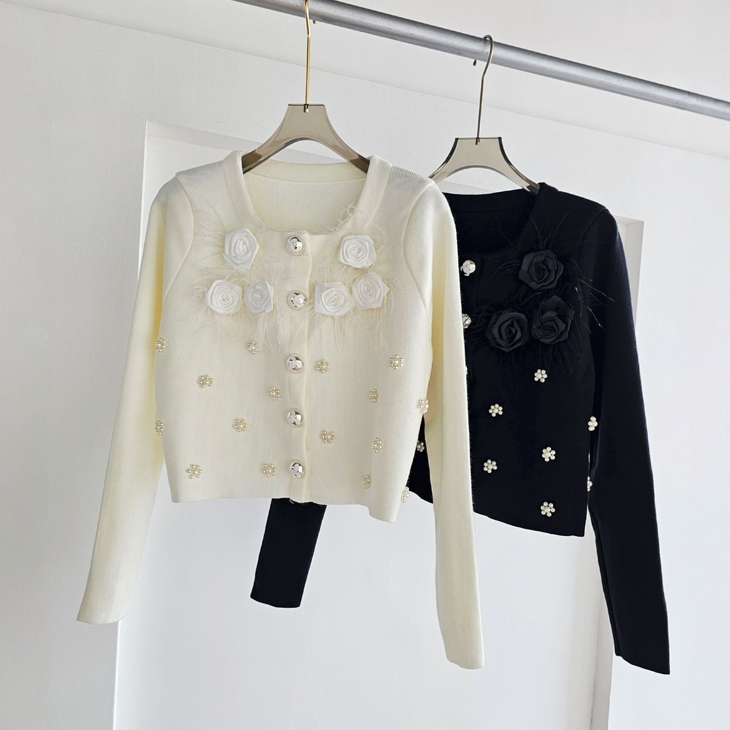 南油法式小香风花朵羽毛开衫毛衣